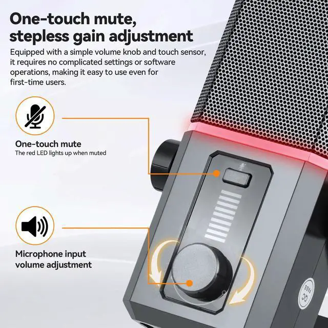 Alt view image 3 of 7 - USB Gaming Microphone RGB Lighting Noise Cancelling | PC Streaming, 5ft USB to USB-C Cable, Desktop Mic, Podcasting, Singing, Recording, Meeting