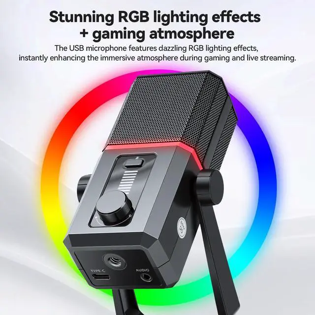 Alt view image 4 of 7 - USB Gaming Microphone RGB Lighting Noise Cancelling | PC Streaming, 5ft USB to USB-C Cable, Desktop Mic, Podcasting, Singing, Recording, Meeting
