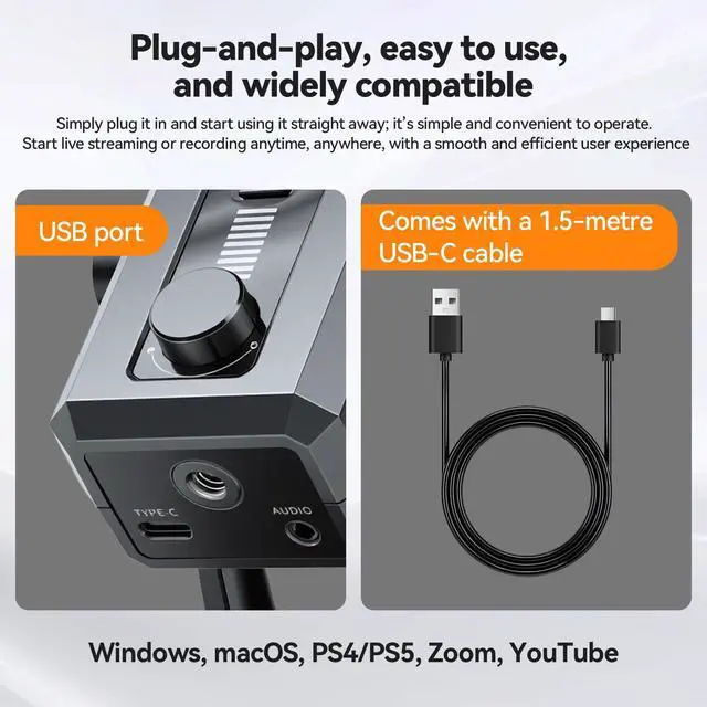 Alt view image 5 of 7 - USB Gaming Microphone RGB Lighting Noise Cancelling | PC Streaming, 5ft USB to USB-C Cable, Desktop Mic, Podcasting, Singing, Recording, Meeting