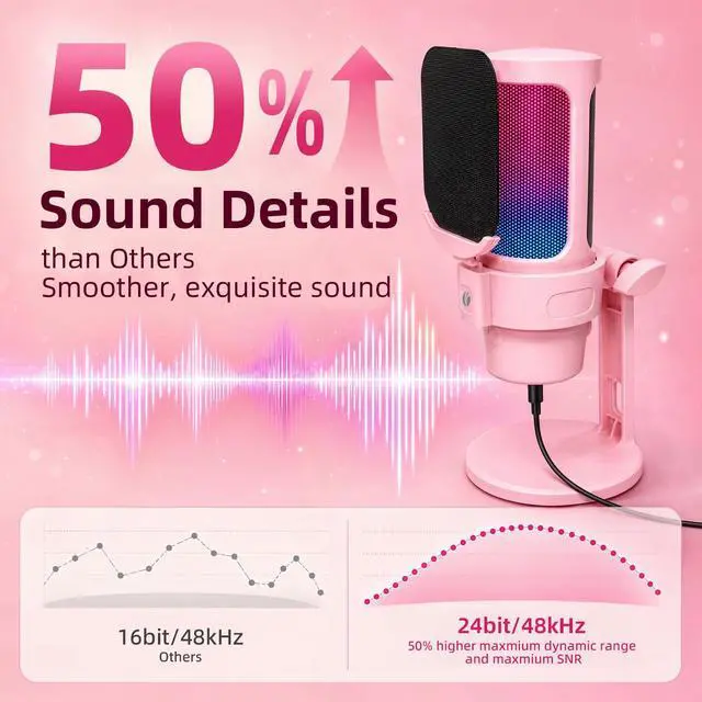 Alt view image 2 of 7 - Gaming Microphone Pink, VCOM USB Mic for Podcasts Videos, Streaming, Condenser Mic with Quick Mute, Desktop Stand, Pop Filter, RGB Indicator, Shock Mount, Rotate gain Button, Compatible with PS4/5/PC