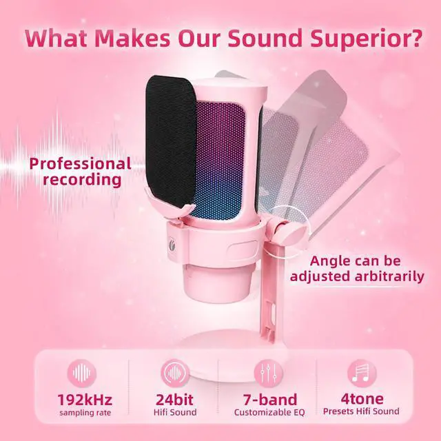 Alt view image 5 of 7 - Gaming Microphone Pink, VCOM USB Mic for Podcasts Videos, Streaming, Condenser Mic with Quick Mute, Desktop Stand, Pop Filter, RGB Indicator, Shock Mount, Rotate gain Button, Compatible with PS4/5/PC