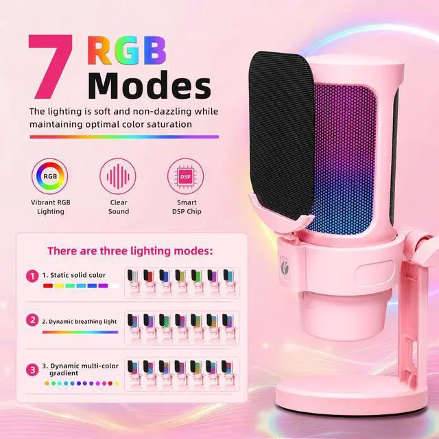 Alt view image 4 of 7 - Gaming Microphone Pink, VCOM USB Mic for Podcasts Videos, Streaming, Condenser Mic with Quick Mute, Desktop Stand, Pop Filter, RGB Indicator, Shock Mount, Rotate gain Button, Compatible with PS4/5/PC