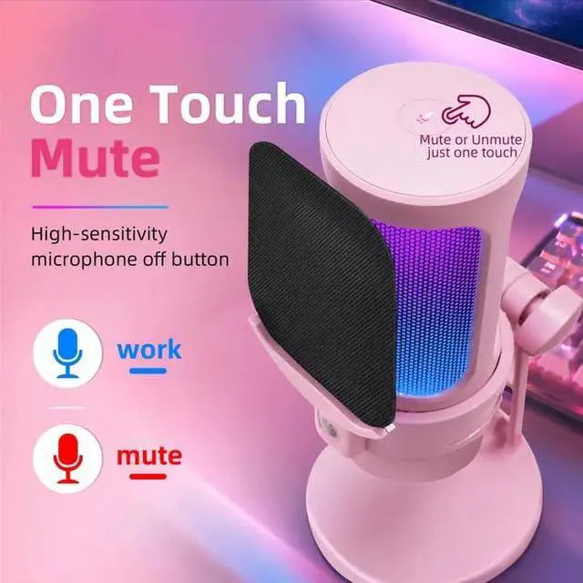 Alt view image 7 of 7 - Gaming Microphone Pink, VCOM USB Mic for Podcasts Videos, Streaming, Condenser Mic with Quick Mute, Desktop Stand, Pop Filter, RGB Indicator, Shock Mount, Rotate gain Button, Compatible with PS4/5/PC