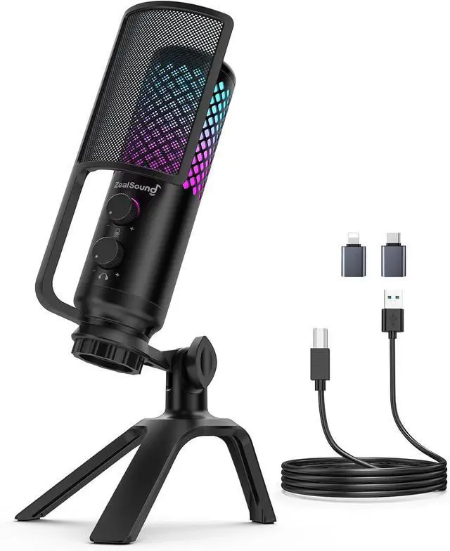 Main image of Podcast Microphone for PC/Mac/iPhone/Phone 96kHz/24bit USB Condenser Mic with Noise Reduction, Tap-to-Mute, Gain Control, Zero-Latency Monitor, RGB Light for Streaming, Gaming, Recording