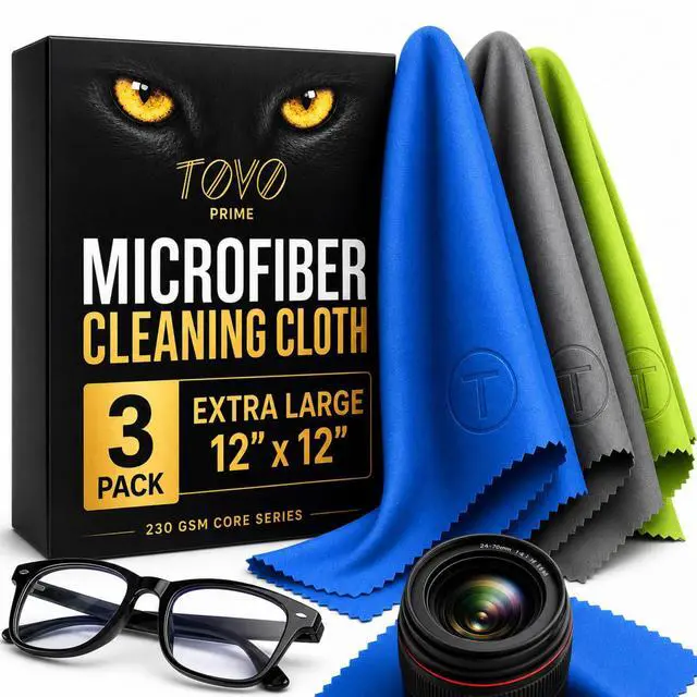 Main image of Extra Large Microfiber Cleaning Cloth 3 Pack, 12"x12", 230 GSM Thick Lens Cleaner for Glasses, Camera & Screens, Ultra Soft, Streak-Free, Lint-Free, Scratch-Safe (Core Series)