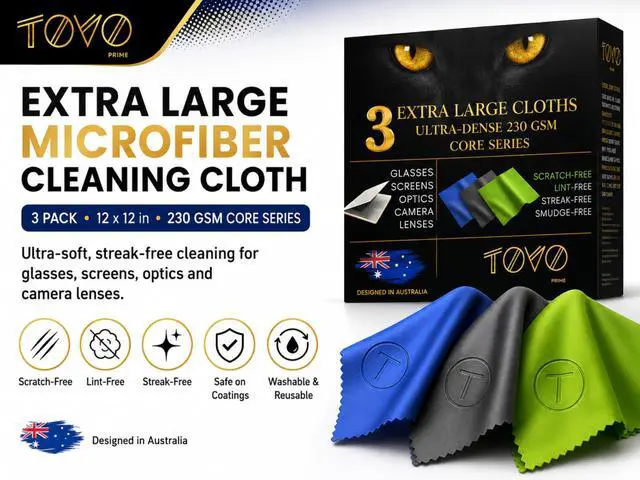 Alt view image 2 of 7 - Extra Large Microfiber Cleaning Cloth 3 Pack, 12"x12", 230 GSM Thick Lens Cleaner for Glasses, Camera & Screens, Ultra Soft, Streak-Free, Lint-Free, Scratch-Safe (Core Series)