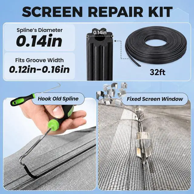 Alt view image 3 of 6 - Screen Repair Kit, 5-in-1 Screen Tool for Window Mesh Repair | Bearing Steel/Nylon Roller+0.14inx32ft Spline+8 Clips+Remove Hook+for Window Mesh, Patio, RV Mesh Replacement/Installation