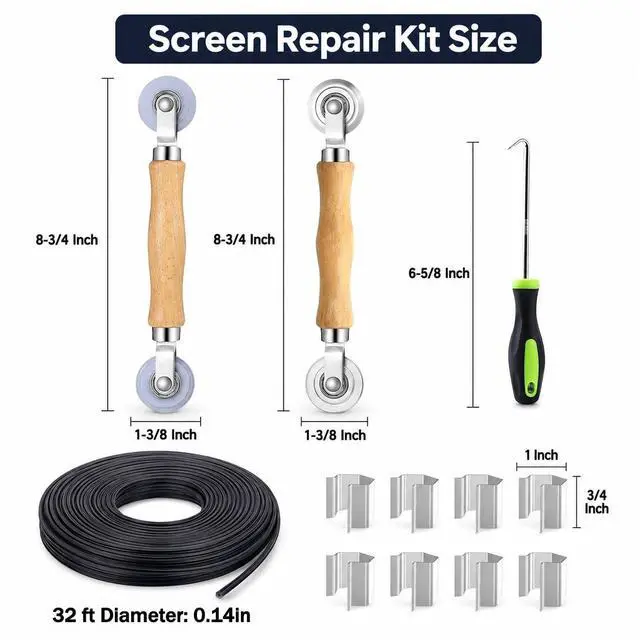 Alt view image 6 of 6 - Screen Repair Kit, 5-in-1 Screen Tool for Window Mesh Repair | Bearing Steel/Nylon Roller+0.14inx32ft Spline+8 Clips+Remove Hook+for Window Mesh, Patio, RV Mesh Replacement/Installation