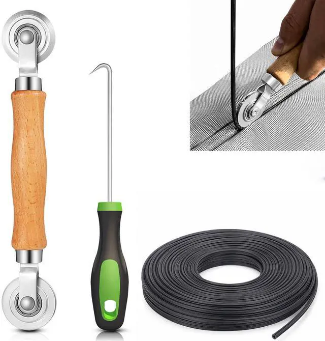 Main image of Screen Repair Kit,Roller+0.14x32ft Spline+Hook | 3in1-Bearing Steel Screen Roller Tool+Hook for Old Spline Removal+Hollow-Core Spline for Window Screens,Doors,Patio,RV Mesh