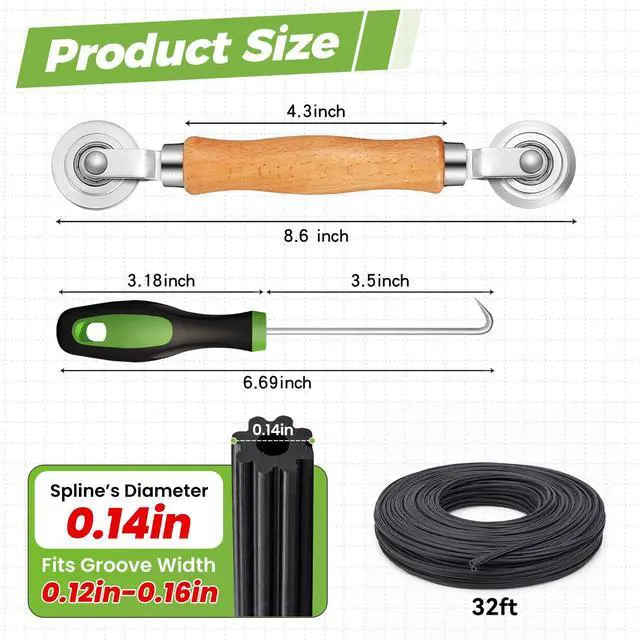 Alt view image 2 of 6 - Screen Repair Kit,Roller+0.14x32ft Spline+Hook | 3in1-Bearing Steel Screen Roller Tool+Hook for Old Spline Removal+Hollow-Core Spline for Window Screens,Doors,Patio,RV Mesh
