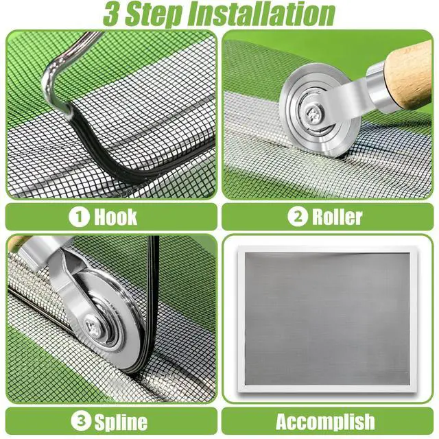 Alt view image 3 of 6 - Screen Repair Kit,Roller+0.14x32ft Spline+Hook | 3in1-Bearing Steel Screen Roller Tool+Hook for Old Spline Removal+Hollow-Core Spline for Window Screens,Doors,Patio,RV Mesh