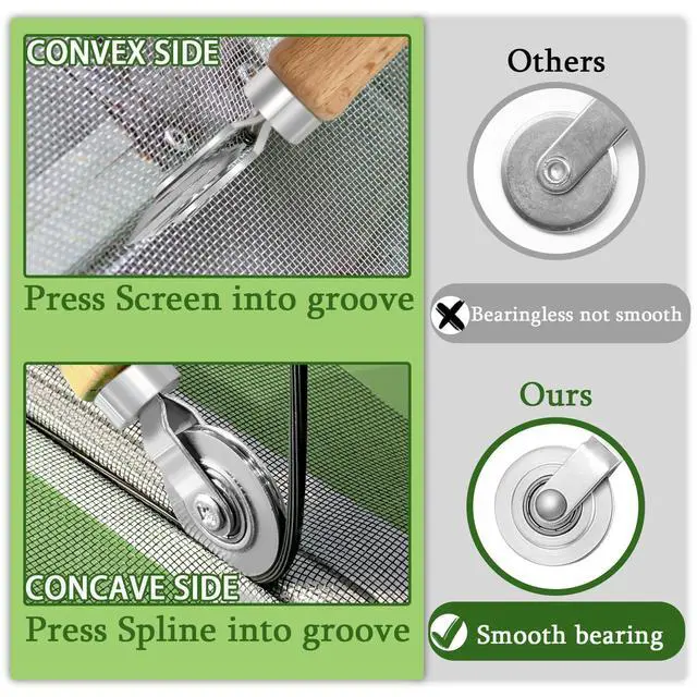 Alt view image 4 of 6 - Screen Repair Kit,Roller+0.14x32ft Spline+Hook | 3in1-Bearing Steel Screen Roller Tool+Hook for Old Spline Removal+Hollow-Core Spline for Window Screens,Doors,Patio,RV Mesh
