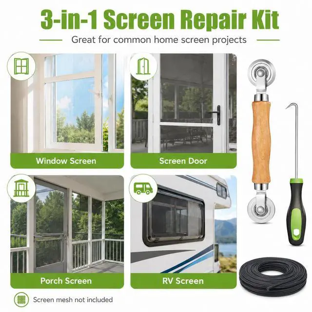Alt view image 6 of 6 - Screen Repair Kit,Roller+0.14x32ft Spline+Hook | 3in1-Bearing Steel Screen Roller Tool+Hook for Old Spline Removal+Hollow-Core Spline for Window Screens,Doors,Patio,RV Mesh