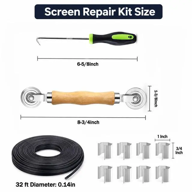 Alt view image 6 of 6 - Screen Repair Kit, 4-in-1 Screen Tool for Window Mesh Repair | Bearing Steel Roller+0.14inx32ft Spline+8Clips+Remove Hook+for Window Mesh, Patio and RV Mesh Replacement