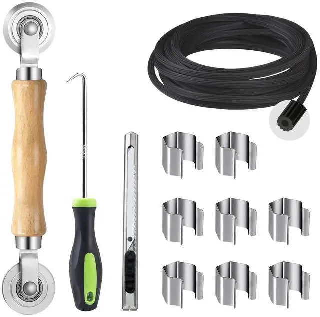 Main image of Window Screen Repair Kit, 5 in 1 Screen Roller Tool for Windows or Doors | Bearing Steel Roller, 32ft Black Retainer Spline, Spline Hook, 8 Clips, Screen Cutter, for Screen Installation & Replacement
