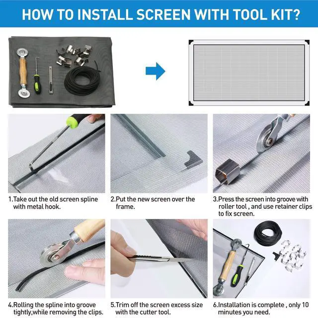Alt view image 2 of 7 - Window Screen Repair Kit, 5 in 1 Screen Roller Tool for Windows or Doors | Bearing Steel Roller, 32ft Black Retainer Spline, Spline Hook, 8 Clips, Screen Cutter, for Screen Installation & Replacement