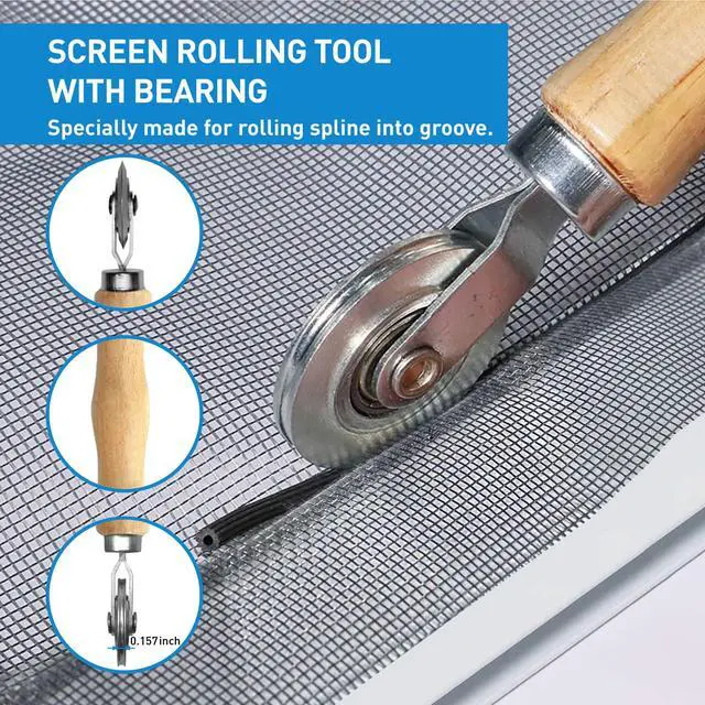 Alt view image 7 of 7 - Window Screen Repair Kit, 5 in 1 Screen Roller Tool for Windows or Doors | Bearing Steel Roller, 32ft Black Retainer Spline, Spline Hook, 8 Clips, Screen Cutter, for Screen Installation & Replacement