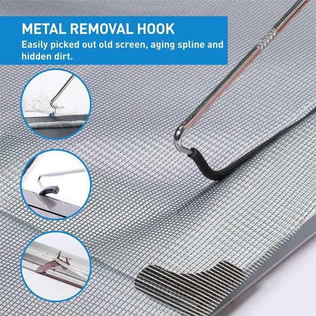 Alt view image 3 of 7 - Window Screen Repair Kit, 5 in 1 Screen Roller Tool for Windows or Doors | Bearing Steel Roller, 32ft Black Retainer Spline, Spline Hook, 8 Clips, Screen Cutter, for Screen Installation & Replacement