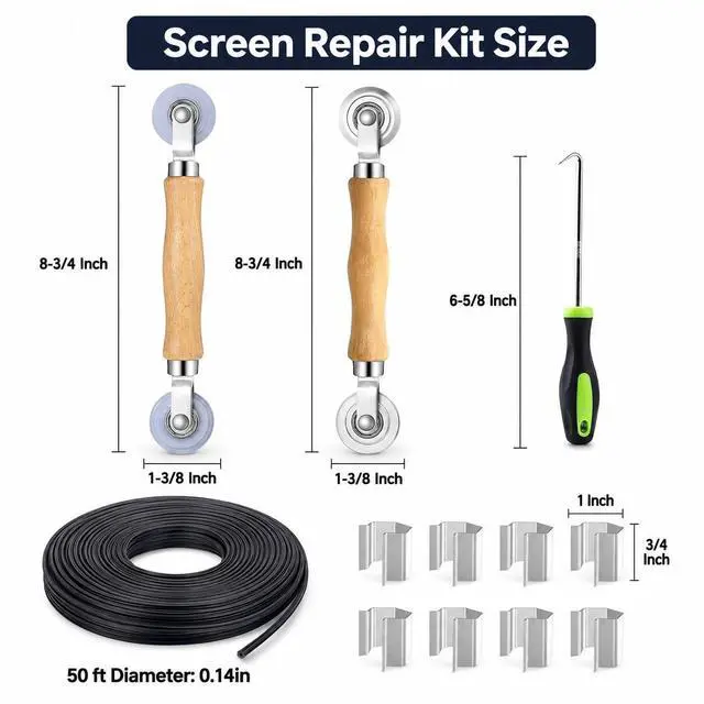 Alt view image 7 of 7 - Window Screen Replacement, 6in1 Window Screen Door Repair Kit | 48"x118" Black Screen Mesh, Steel&Nylon Bearing Roller, 0.14in x 50ft Spline, 8 Clips & Hook for Windows, Doors, Patio & RV