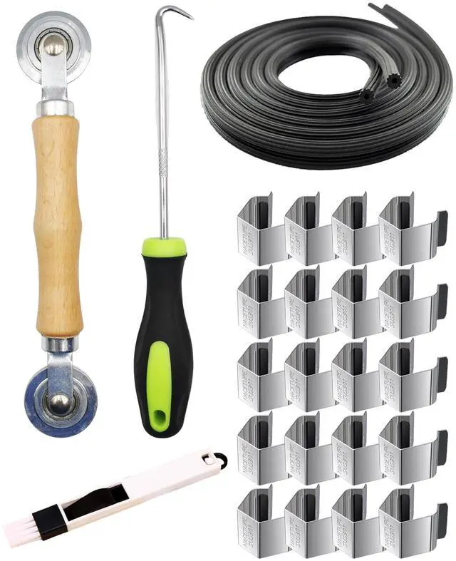 Main image of Screen Repair Tool Kit with 32 ft Screen Spline, 5-in-1 | Complete 5-in-1 kit includes 32 ft screen spline, retainer clips 20 Pack, roller tool and removal hook.