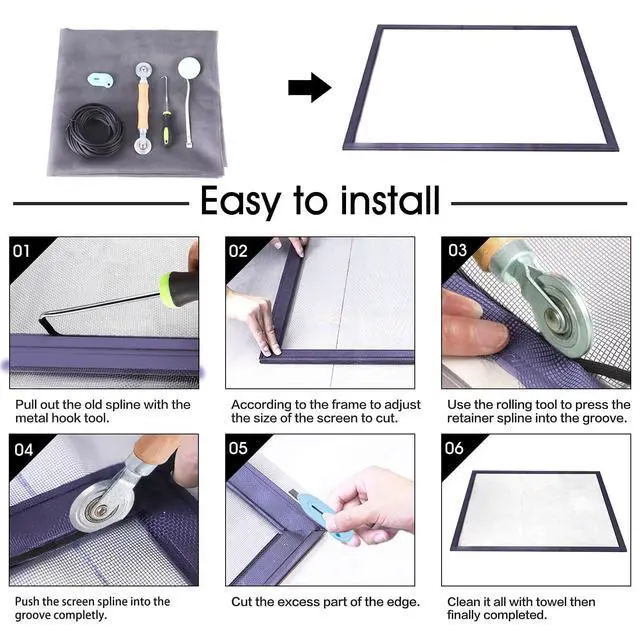 Alt view image 3 of 6 - Windows Screen and Screen Door Repair Kit - 48"x118" Fiberglass Mesh Gray with Rolling Tool/Hook/Ruler/Cutter/Spline - Window Screen & Sliding Screen Door Replacement for Windows, TOOLTRIZ