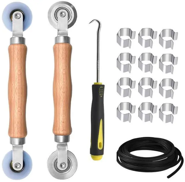 Main image of Upgrade Window Screen Repair Kit, Steel/Nylon Roller Tool | Spline Removal Hook, 32ft Retainer Spline and 12pcs Screen Clips Replacement for Installing Door Mesh Screens
