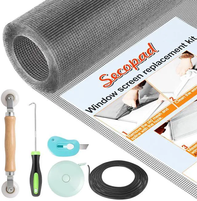 Main image of Window Screen & Screen Door Mesh Repair Kit, 39 in x 78 in, Grey | Fiberglass Roll with Tools, Tearproof & Washable, High-Transmittance, For Windows, Patio & Porch Replacement