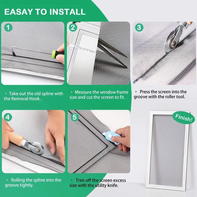 Alt view image 4 of 7 - Screen Tool for Window Screen Replacement - Two Spline Roller (Steel and Nylon Bearing Roller), Spline Removal Hook, Two Sizes Screen Spline, Utility Knife, Tape Measure, Tooltriz