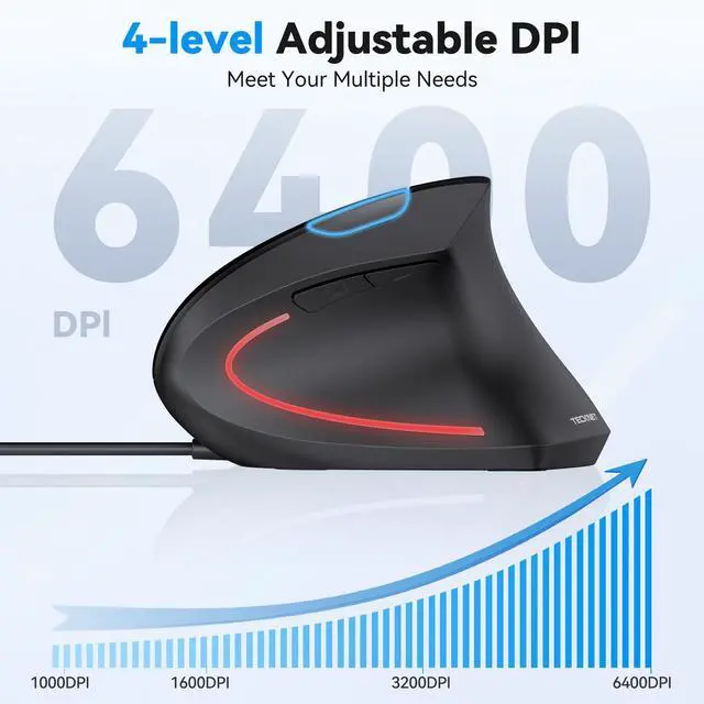 Alt view image 5 of 7 - Wired Mouse, Comfortable Ergonomic Mouse with 6400 DPI | Plug & Play, 4-Level Adjustable DPI, Silent Click, Vertical Mouse Compatible with Laptop/PC/Windows/Chromebook