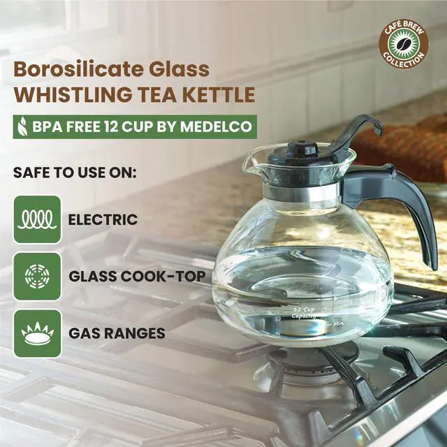 Alt view image 2 of 7 - Glass Tea Kettle, 12 Cup | German borosilicate glass. Gas & electric stovetop safe. Heat resistant. Whistles at boil. 12-cup capacity.