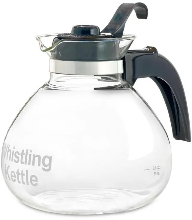 Main image of Glass Tea Kettle, 12 Cup | German borosilicate glass. Gas & electric stovetop safe. Heat resistant. Whistles at boil. 12-cup capacity.