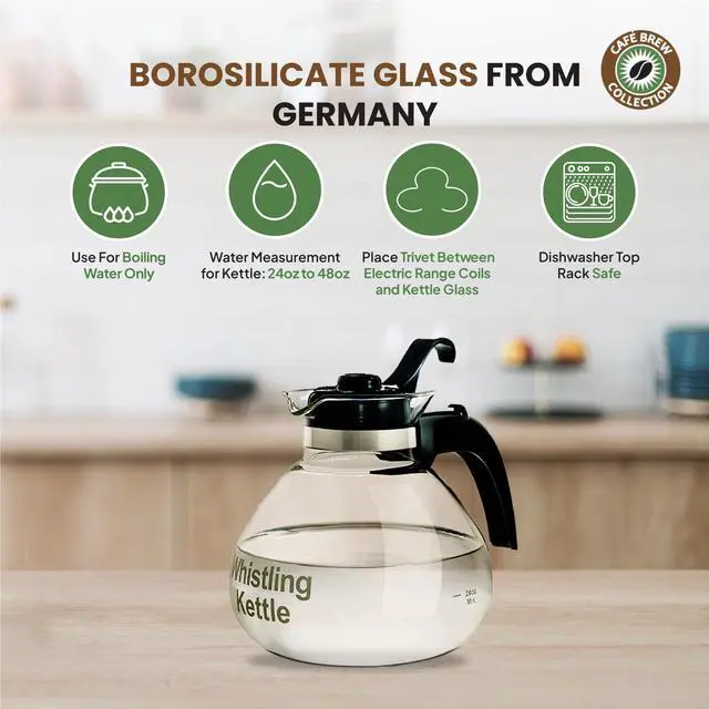 Alt view image 3 of 7 - Glass Tea Kettle, 12 Cup | German borosilicate glass. Gas & electric stovetop safe. Heat resistant. Whistles at boil. 12-cup capacity.