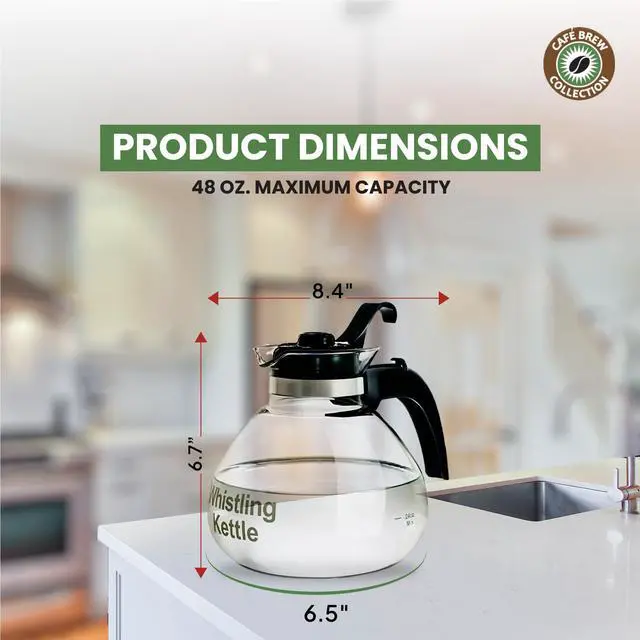 Alt view image 4 of 7 - Glass Tea Kettle, 12 Cup | German borosilicate glass. Gas & electric stovetop safe. Heat resistant. Whistles at boil. 12-cup capacity.