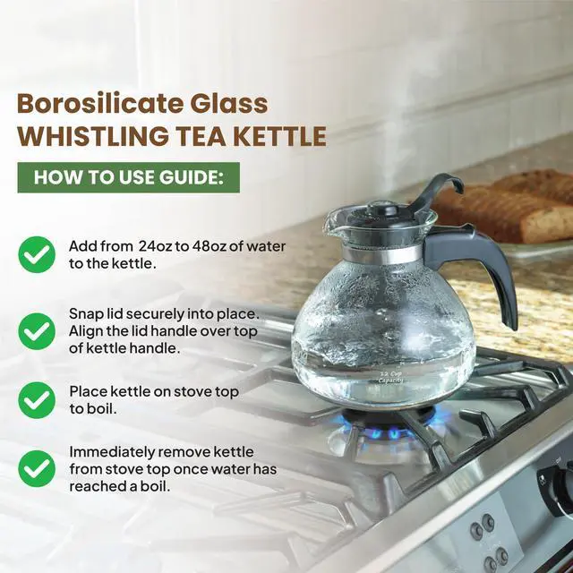 Alt view image 7 of 7 - Glass Tea Kettle, 12 Cup | German borosilicate glass. Gas & electric stovetop safe. Heat resistant. Whistles at boil. 12-cup capacity.