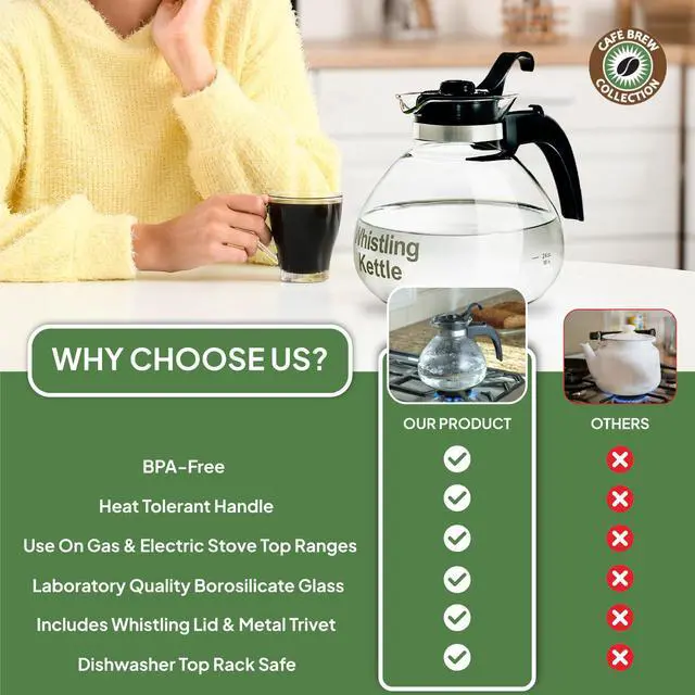 Alt view image 6 of 7 - Glass Tea Kettle, 12 Cup | German borosilicate glass. Gas & electric stovetop safe. Heat resistant. Whistles at boil. 12-cup capacity.