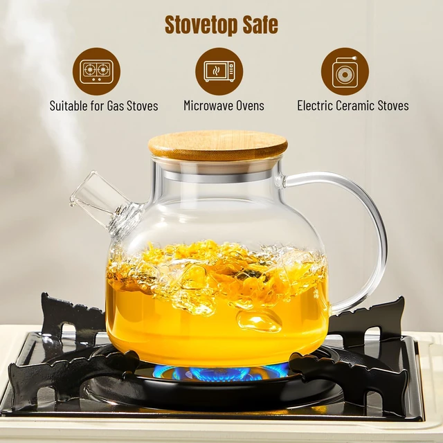 Alt view image 4 of 6 - Glass Teapot Stovetop 20 OZ/600ml, Borosilicate Clear Tea Kettle with Bamboo Lid, Glass Tea pot with Removable Filter Spout, Teapot Blooming and Loose Leaf Tea Maker Tea Brewer for Camping