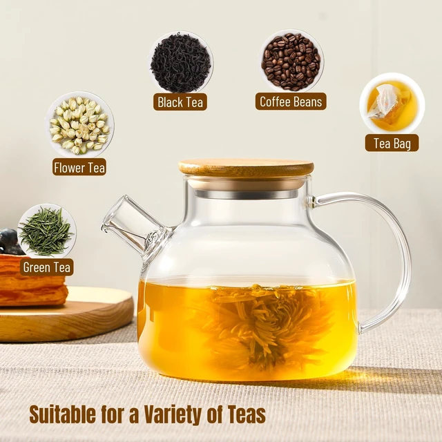 Alt view image 5 of 6 - Glass Teapot Stovetop 20 OZ/600ml, Borosilicate Clear Tea Kettle with Bamboo Lid, Glass Tea pot with Removable Filter Spout, Teapot Blooming and Loose Leaf Tea Maker Tea Brewer for Camping