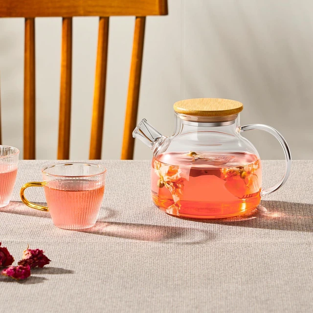 Alt view image 6 of 6 - Glass Teapot Stovetop 20 OZ/600ml, Borosilicate Clear Tea Kettle with Bamboo Lid, Glass Tea pot with Removable Filter Spout, Teapot Blooming and Loose Leaf Tea Maker Tea Brewer for Camping