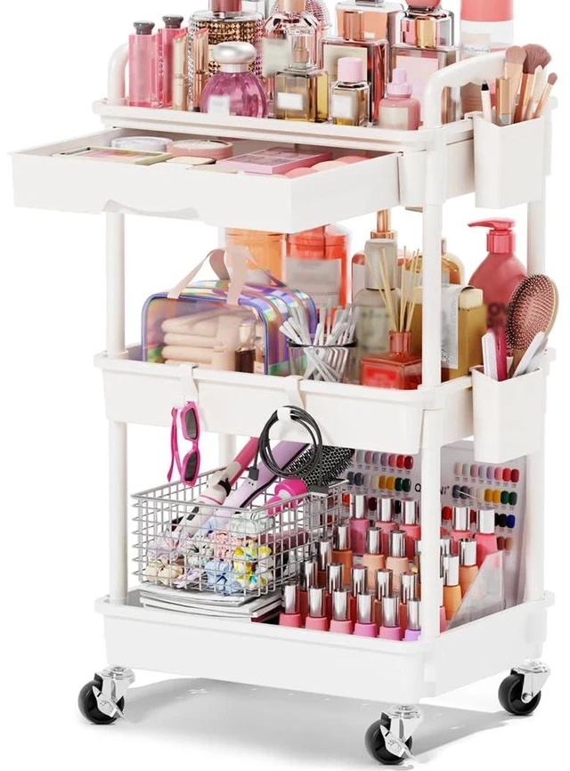 Main image of Rolling Makeup Organizer Cart with Removable Drawer, 3 Tier White Stable Floor Skincare Storage Cart for Vanity, Cosmetic Display, Nail Polish, Perfume, Hair Stuff, Beauty, Bathroom(Plastic)