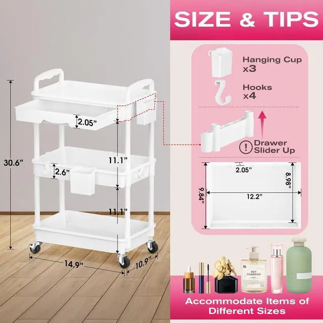 Alt view image 2 of 7 - Rolling Makeup Organizer Cart with Removable Drawer, 3 Tier White Stable Floor Skincare Storage Cart for Vanity, Cosmetic Display, Nail Polish, Perfume, Hair Stuff, Beauty, Bathroom(Plastic)