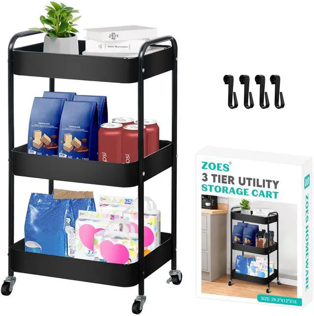 Main image of 3 Tier Metal Rolling Cart on Wheels,Heavy Duty Utility Cart | Sturdy 3 Tiered Rolling Storage Cart With Hooks, Great For Craft, Art Workspace, Kitchen ,Snack And Office Storage, Black