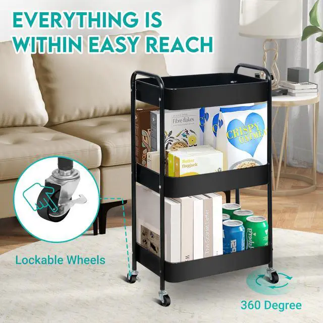 Alt view image 2 of 6 - 3 Tier Metal Rolling Cart on Wheels,Heavy Duty Utility Cart | Sturdy 3 Tiered Rolling Storage Cart With Hooks, Great For Craft, Art Workspace, Kitchen ,Snack And Office Storage, Black