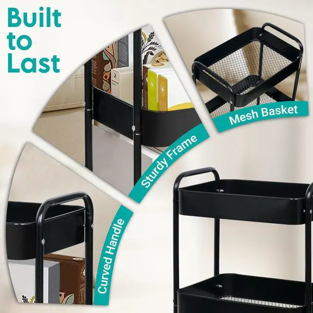 Alt view image 3 of 6 - 3 Tier Metal Rolling Cart on Wheels,Heavy Duty Utility Cart | Sturdy 3 Tiered Rolling Storage Cart With Hooks, Great For Craft, Art Workspace, Kitchen ,Snack And Office Storage, Black