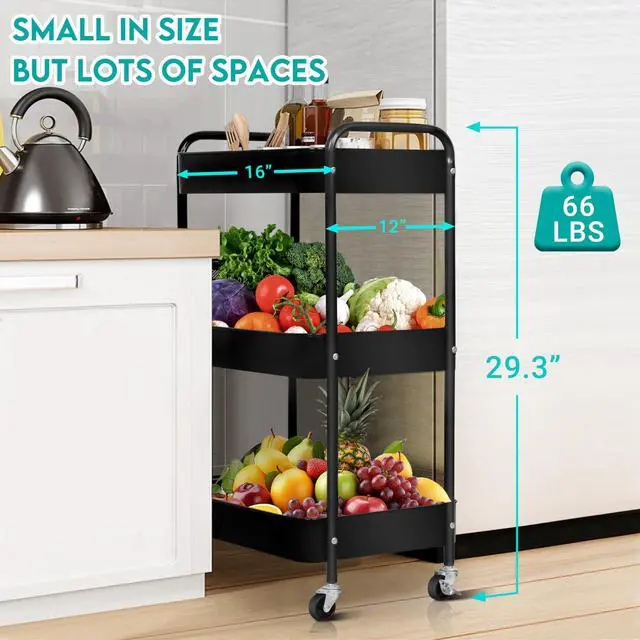 Alt view image 5 of 6 - 3 Tier Metal Rolling Cart on Wheels,Heavy Duty Utility Cart | Sturdy 3 Tiered Rolling Storage Cart With Hooks, Great For Craft, Art Workspace, Kitchen ,Snack And Office Storage, Black