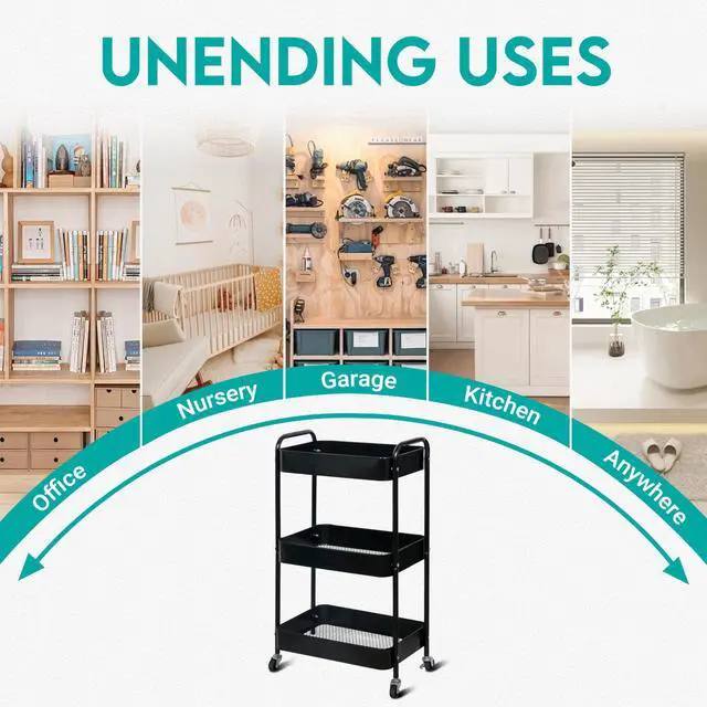 Alt view image 6 of 6 - 3 Tier Metal Rolling Cart on Wheels,Heavy Duty Utility Cart | Sturdy 3 Tiered Rolling Storage Cart With Hooks, Great For Craft, Art Workspace, Kitchen ,Snack And Office Storage, Black