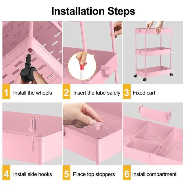 Alt view image 2 of 7 - 3 Tier Rolling Cart with Wheels, Storage Craft Art Trolley Organizer Serving, 3 Hanging Baskets Easy Assembly, for Office, Living Room, Kitchen, Pink