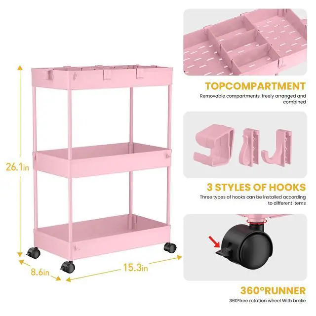 Alt view image 3 of 7 - 3 Tier Rolling Cart with Wheels, Storage Craft Art Trolley Organizer Serving, 3 Hanging Baskets Easy Assembly, for Office, Living Room, Kitchen, Pink