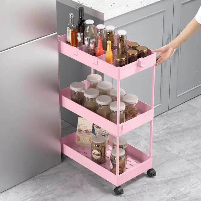Alt view image 4 of 7 - 3 Tier Rolling Cart with Wheels, Storage Craft Art Trolley Organizer Serving, 3 Hanging Baskets Easy Assembly, for Office, Living Room, Kitchen, Pink