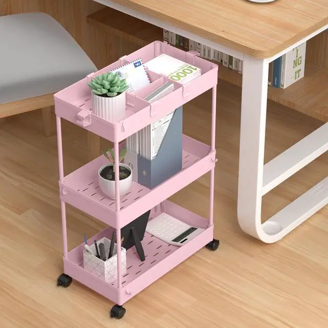 Alt view image 5 of 7 - 3 Tier Rolling Cart with Wheels, Storage Craft Art Trolley Organizer Serving, 3 Hanging Baskets Easy Assembly, for Office, Living Room, Kitchen, Pink