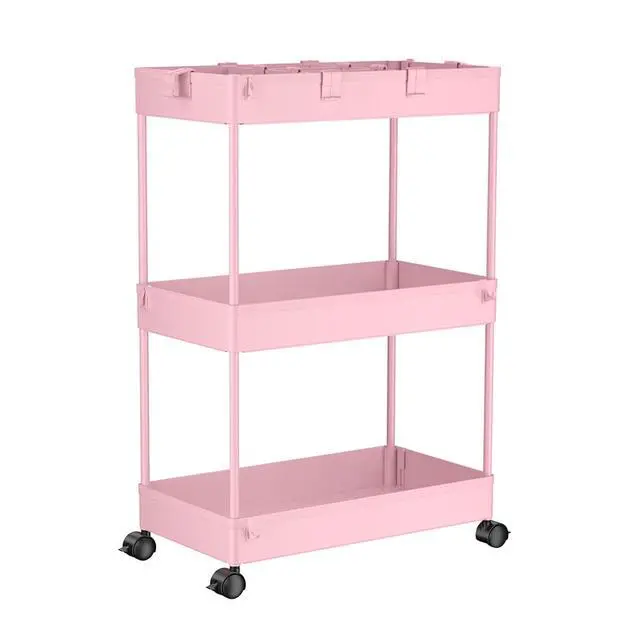 Alt view image 7 of 7 - 3 Tier Rolling Cart with Wheels, Storage Craft Art Trolley Organizer Serving, 3 Hanging Baskets Easy Assembly, for Office, Living Room, Kitchen, Pink